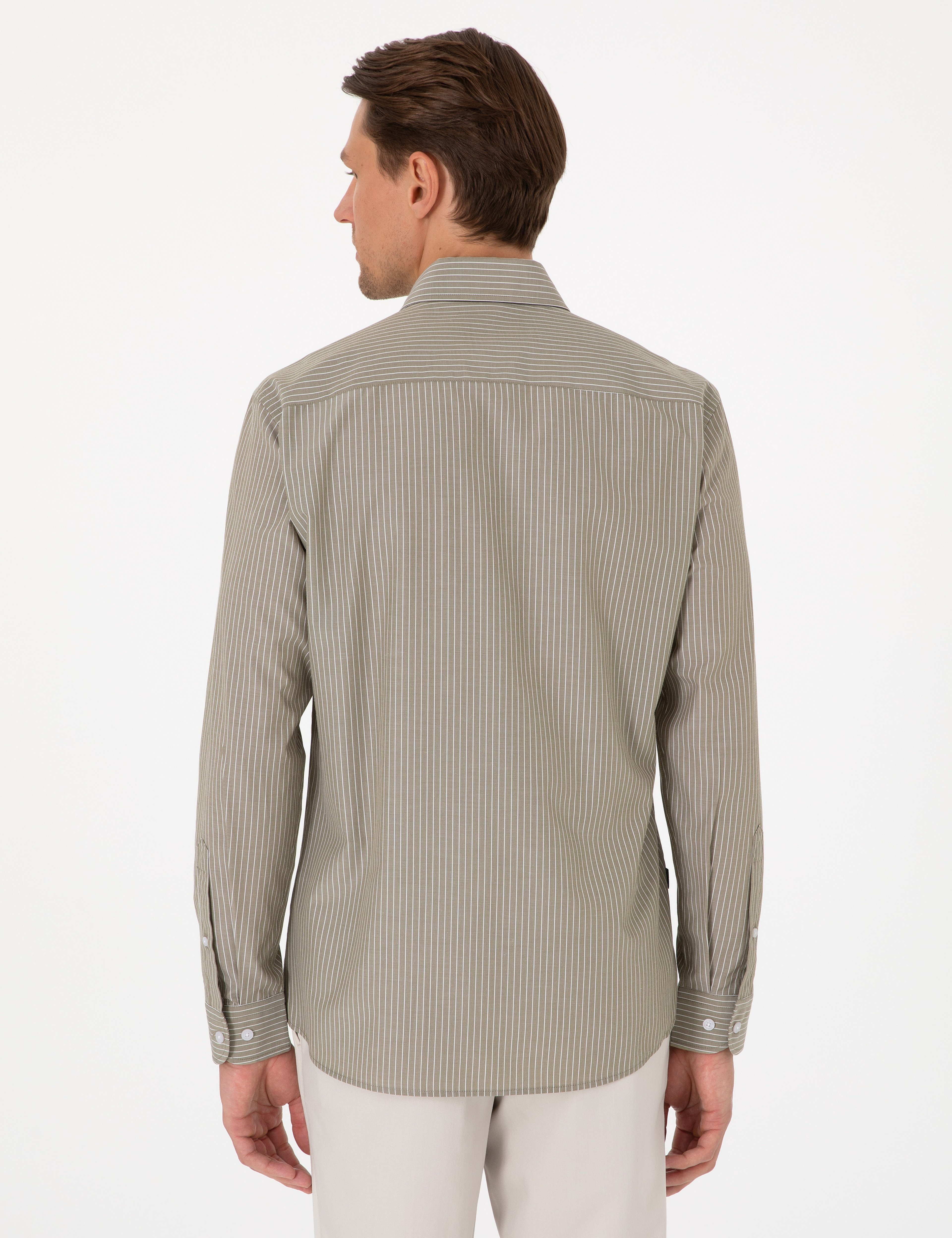 Haki Slim Fit Çizgili Uzun Kollu Gömlek - Image 5