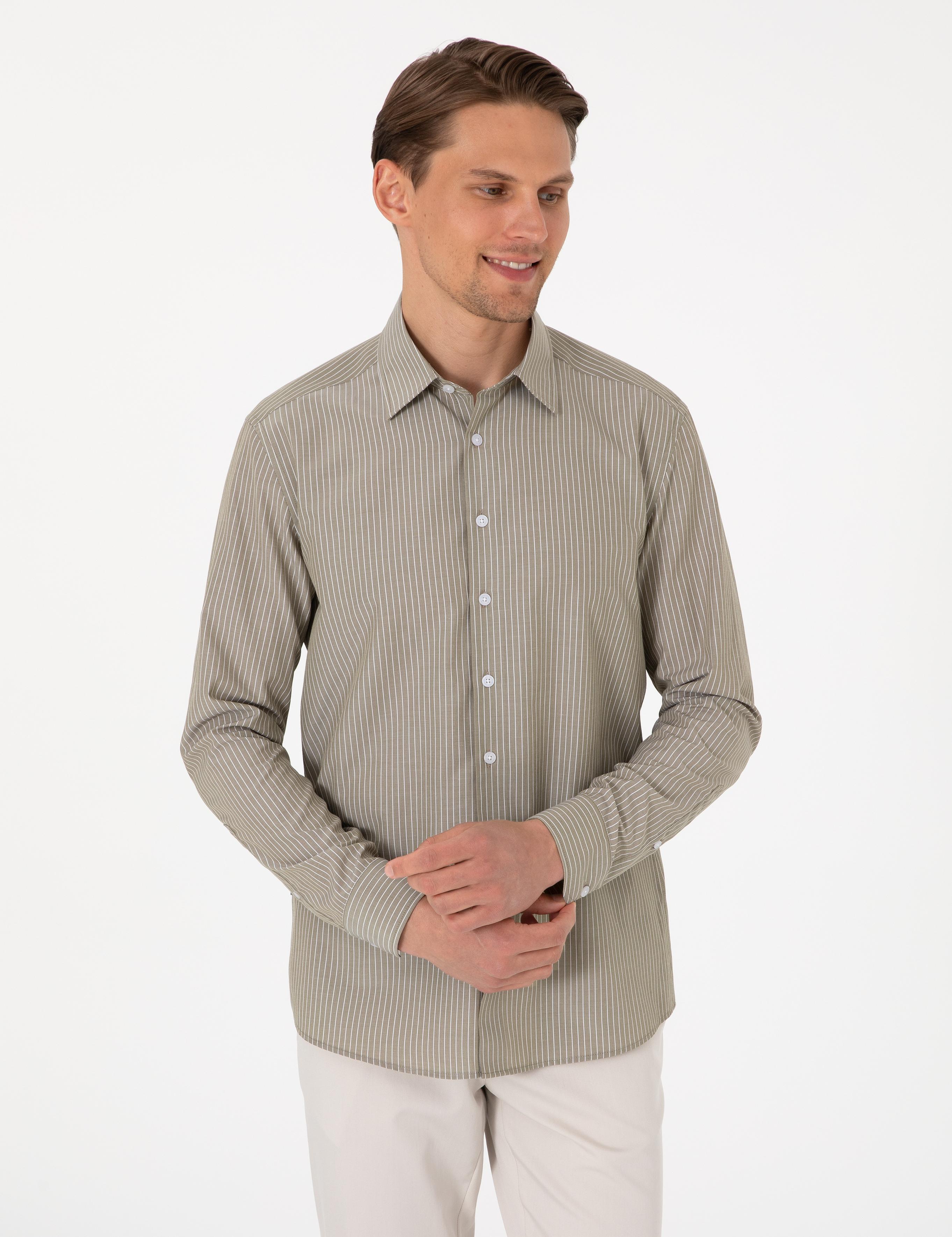 Haki Slim Fit Çizgili Uzun Kollu Gömlek