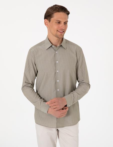 Haki Slim Fit Çizgili Uzun Kollu Gömlek - 50310777006