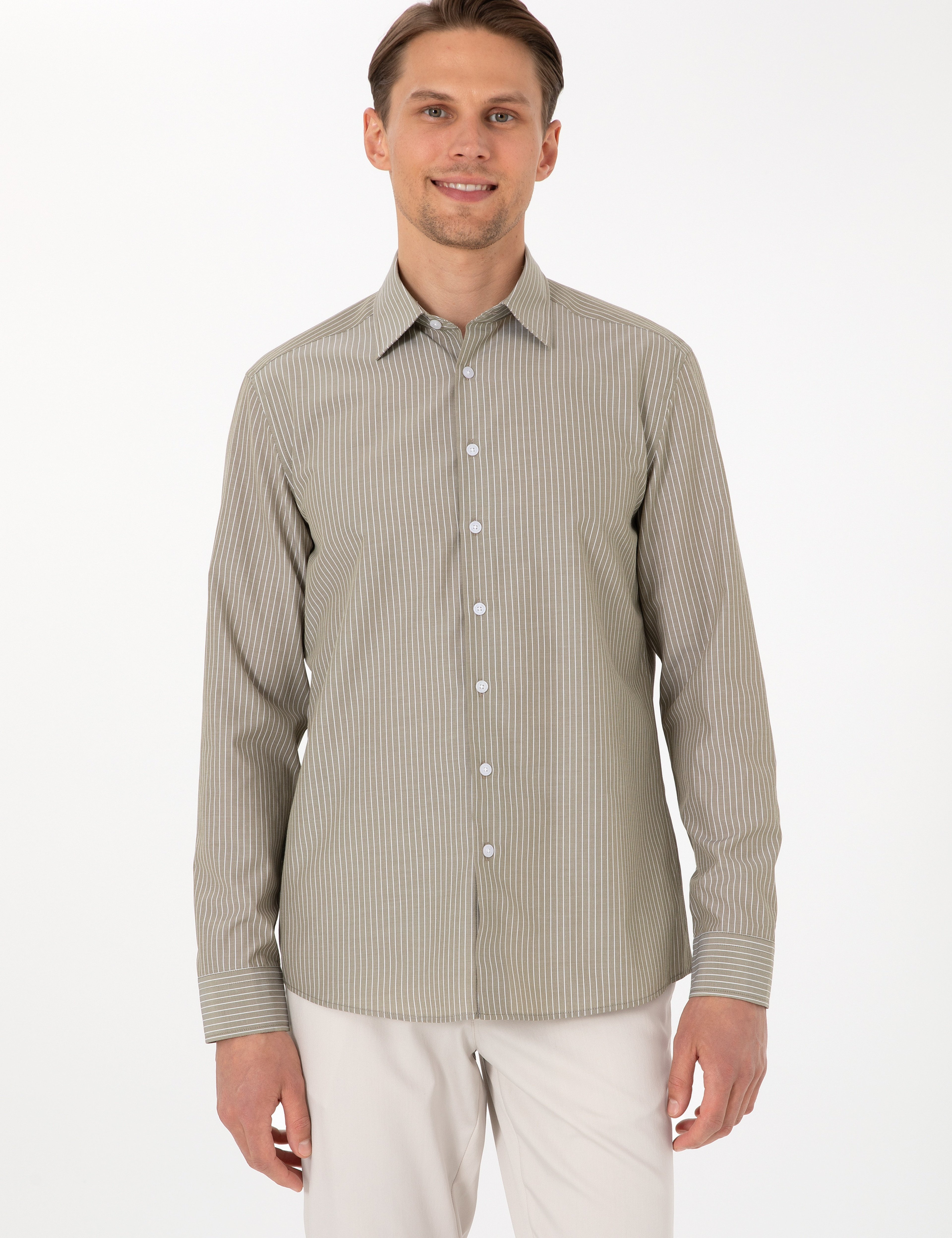 Haki Slim Fit Çizgili Uzun Kollu Gömlek - Image 3