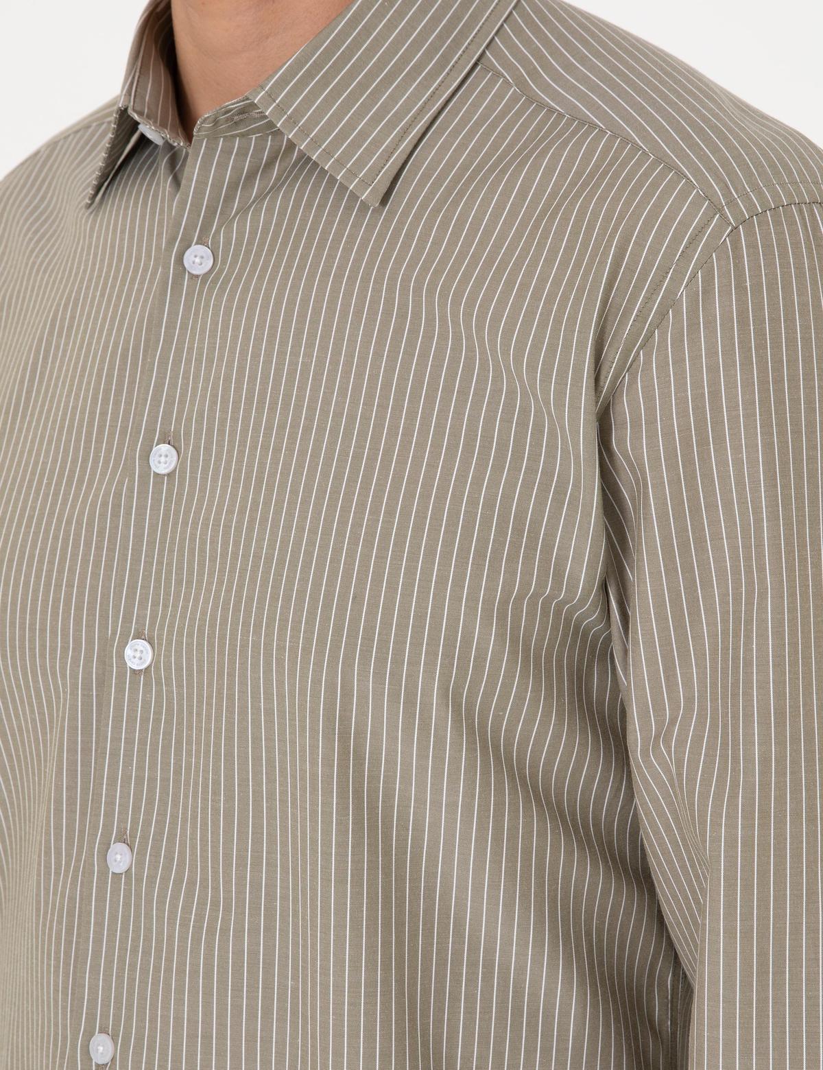 Haki Slim Fit Çizgili Uzun Kollu Gömlek - 50310777006