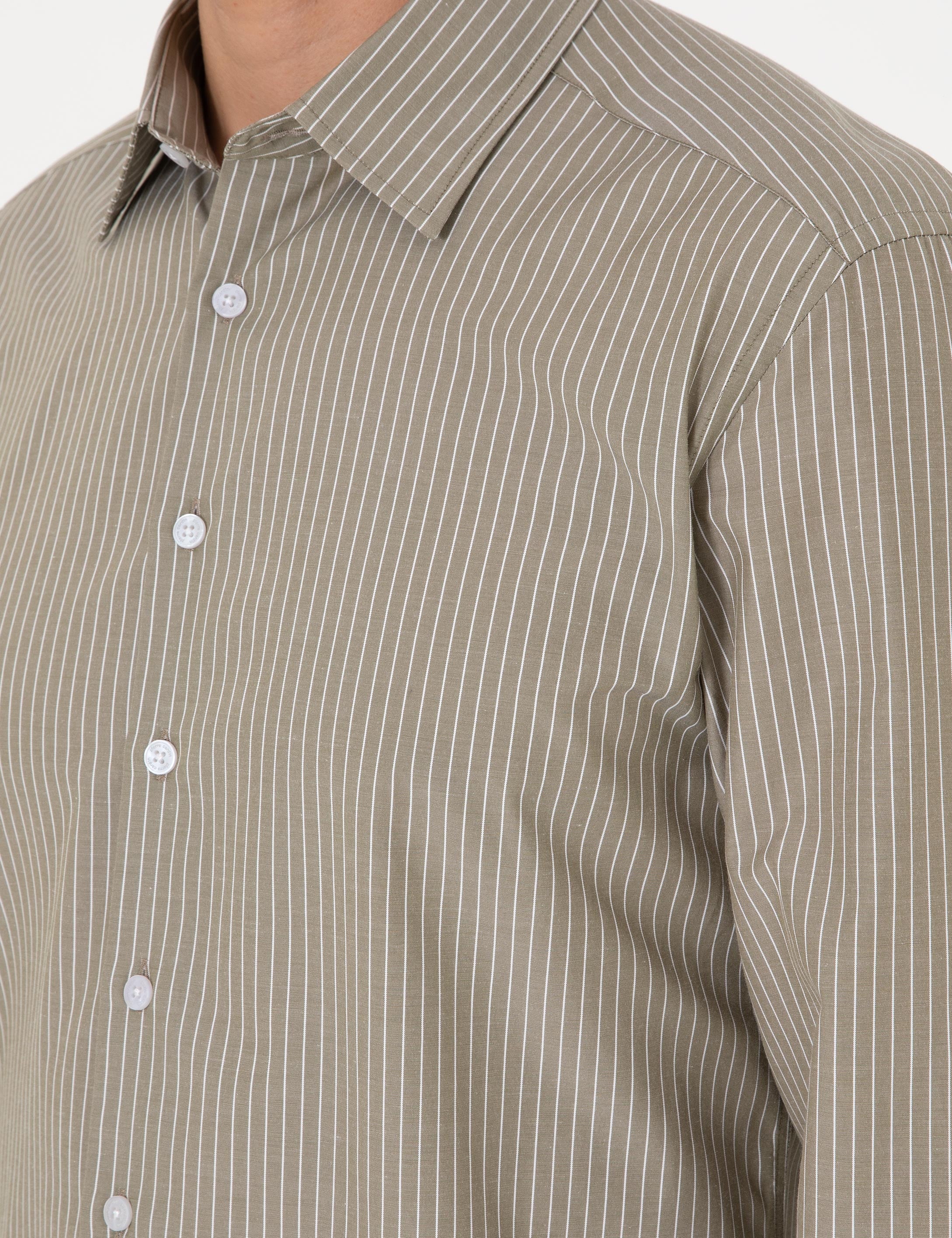 Haki Slim Fit Çizgili Uzun Kollu Gömlek