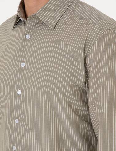 Haki Slim Fit Çizgili Uzun Kollu Gömlek