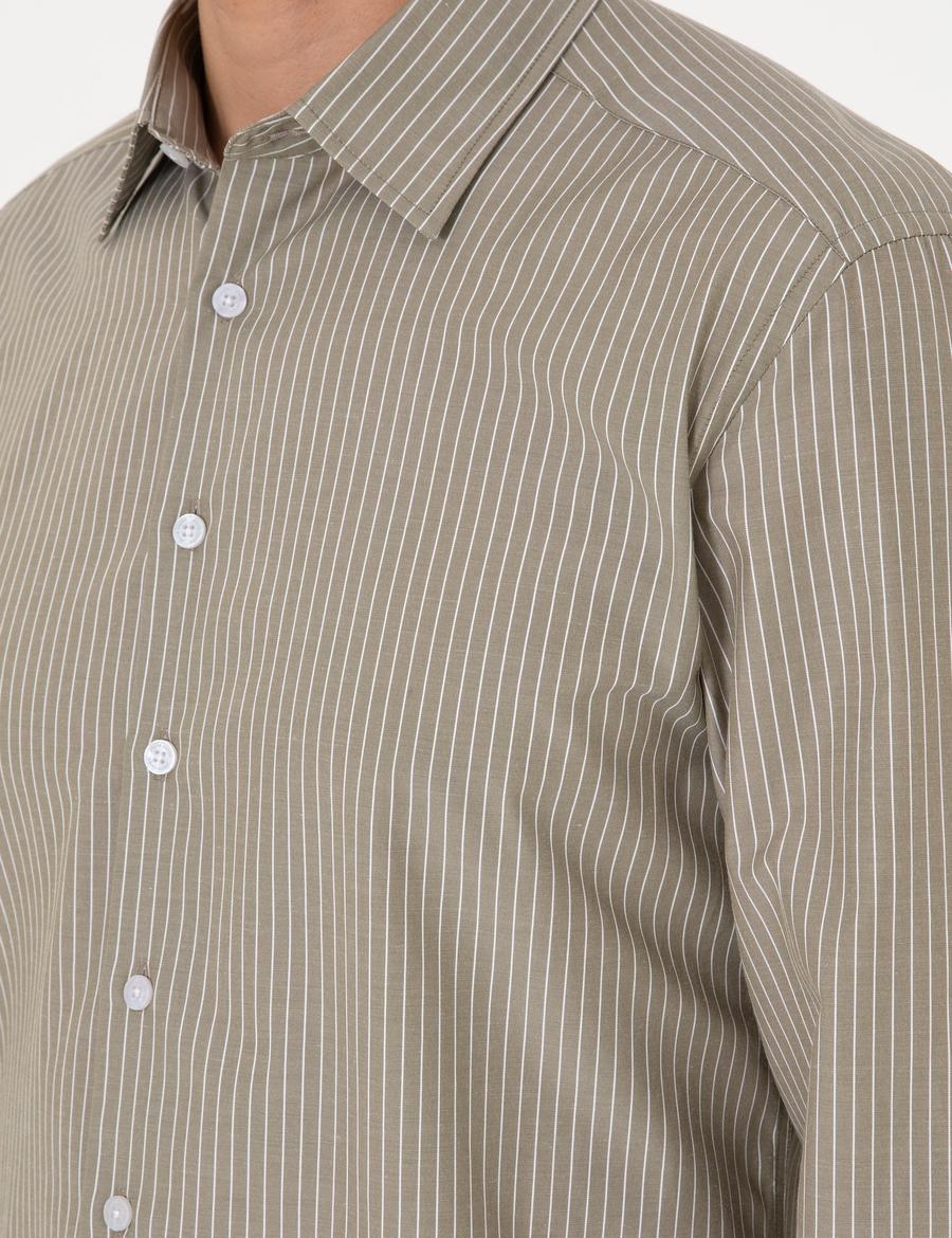 Haki Slim Fit Çizgili Uzun Kollu Gömlek