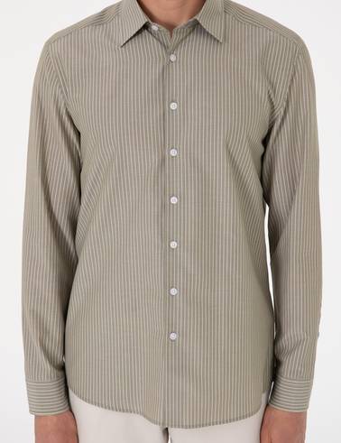 Haki Slim Fit Çizgili Uzun Kollu Gömlek