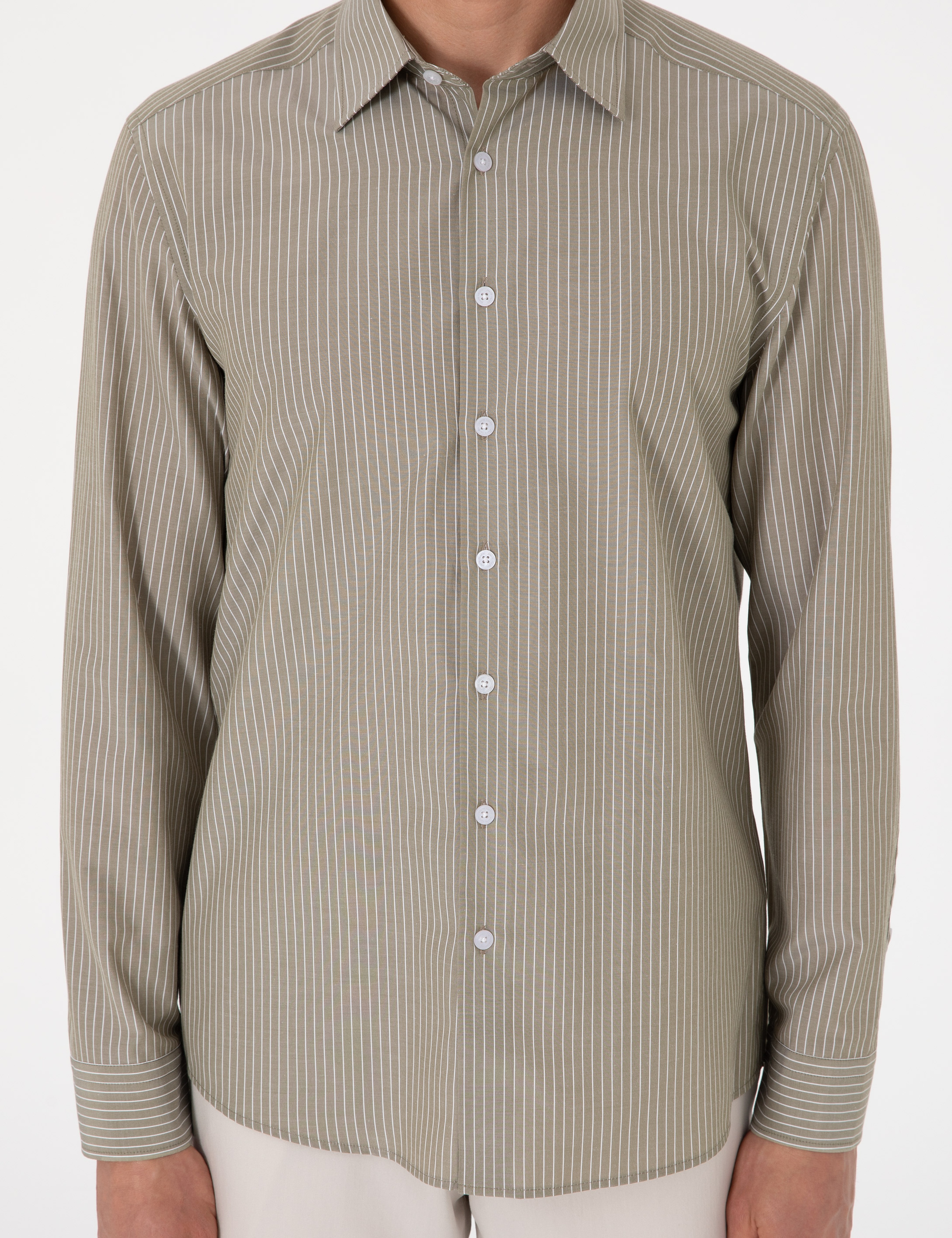 Haki Slim Fit Çizgili Uzun Kollu Gömlek - Image 6