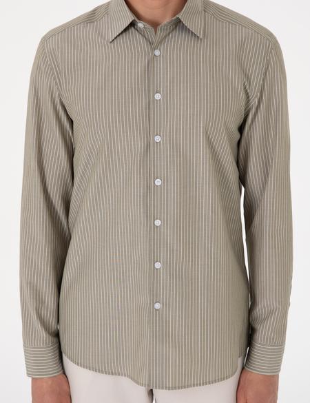 Haki Slim Fit Çizgili Uzun Kollu Gömlek - 50310777006