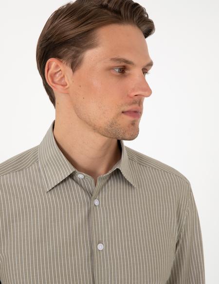Haki Slim Fit Çizgili Uzun Kollu Gömlek - 50310777006