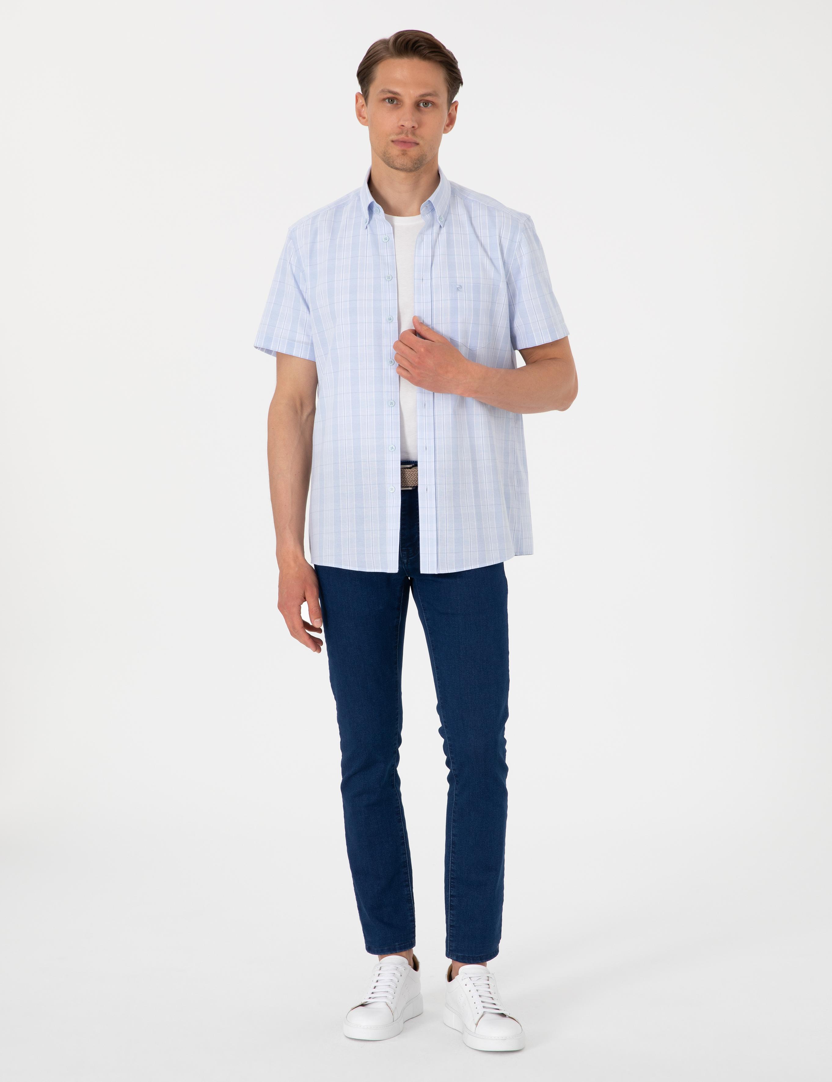 Açık Mavi Regular Fit Kareli Kısa Kollu Gömlek