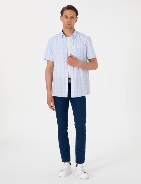 Açık Mavi Regular Fit Kareli Kısa Kollu Gömlek - 50307083005