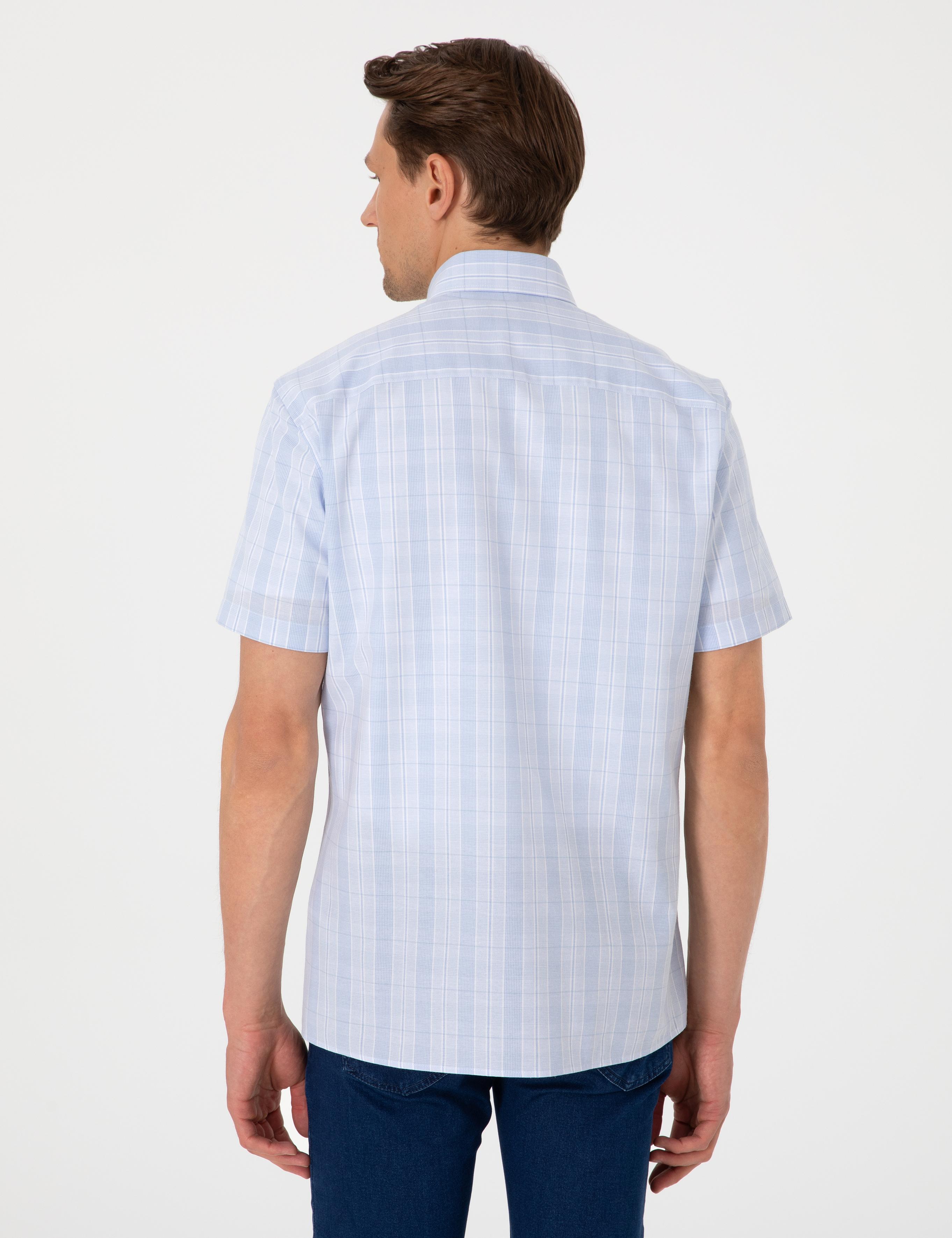 Açık Mavi Regular Fit Kareli Kısa Kollu Gömlek