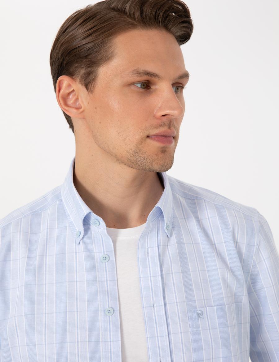 Açık Mavi Regular Fit Kareli Kısa Kollu Gömlek