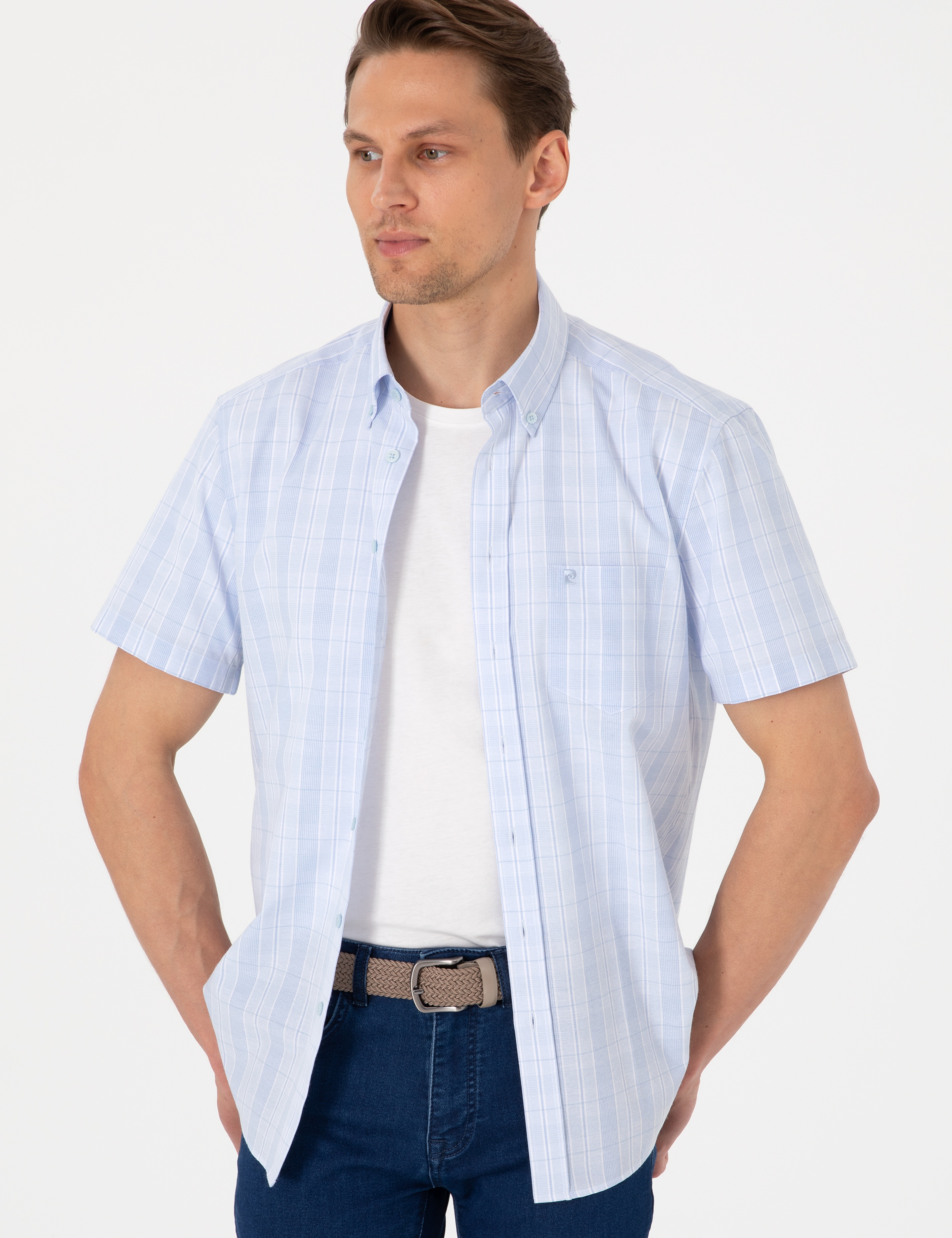Açık Mavi Regular Fit Kareli Kısa Kollu Gömlek - Image 3