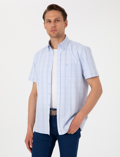 Açık Mavi Regular Fit Kareli Kısa Kollu Gömlek