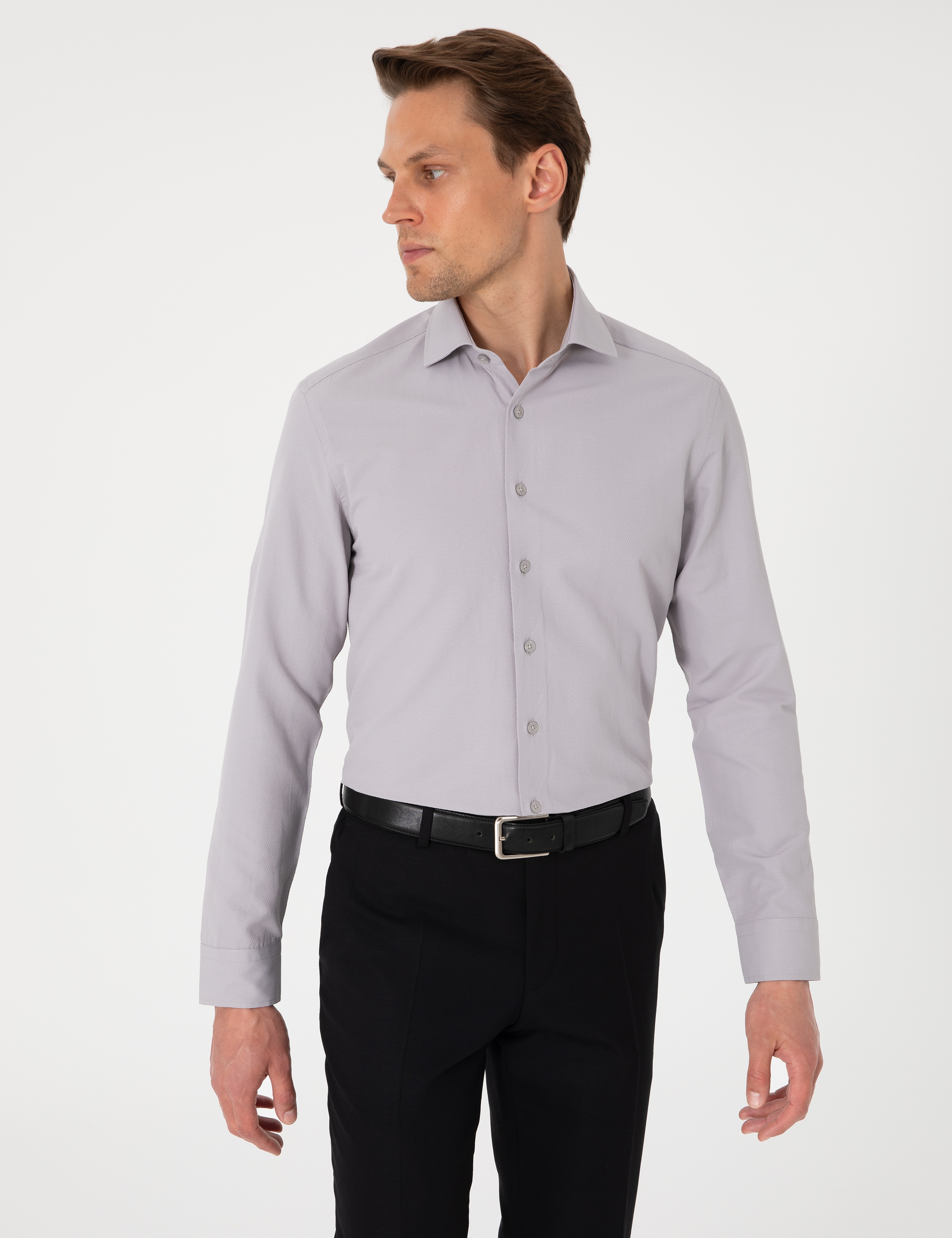 Gri Slim Fit Uzun Kollu Armürlü Gömlek - Image 3