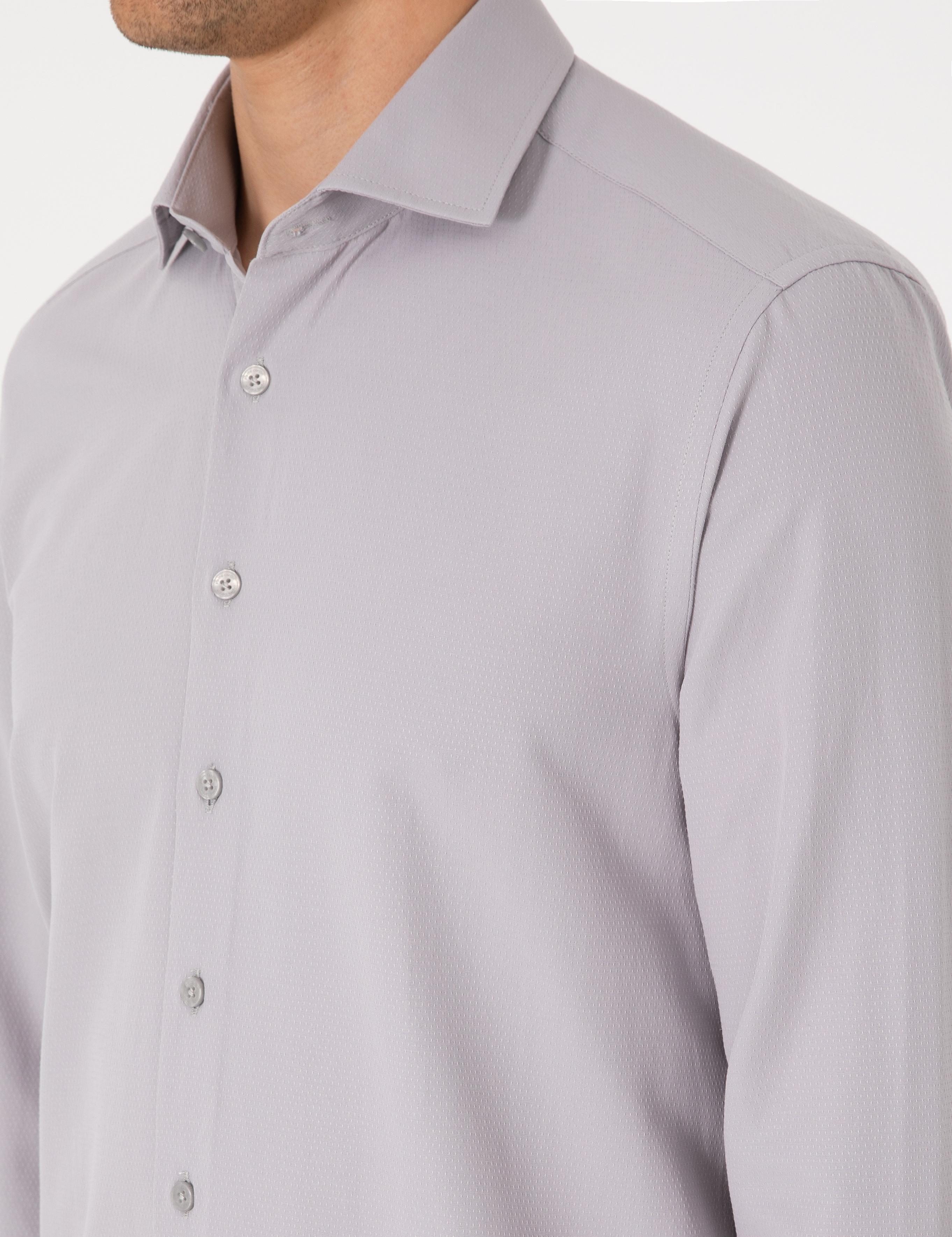 Gri Slim Fit Uzun Kollu Armürlü Gömlek
