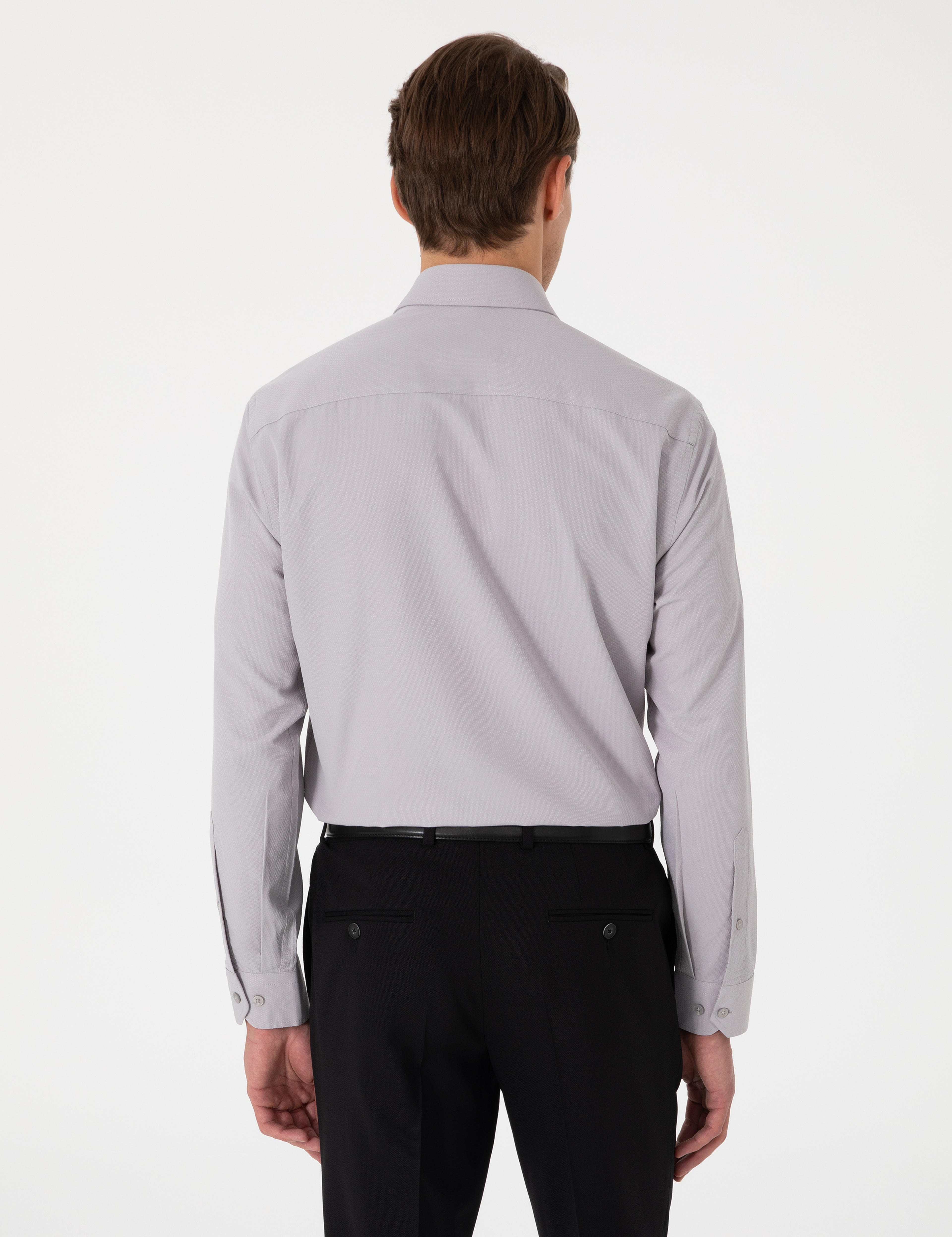 Gri Slim Fit Uzun Kollu Armürlü Gömlek - Image 5