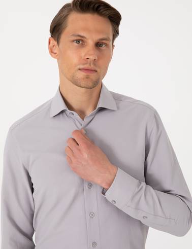 Gri Slim Fit Uzun Kollu Armürlü Gömlek