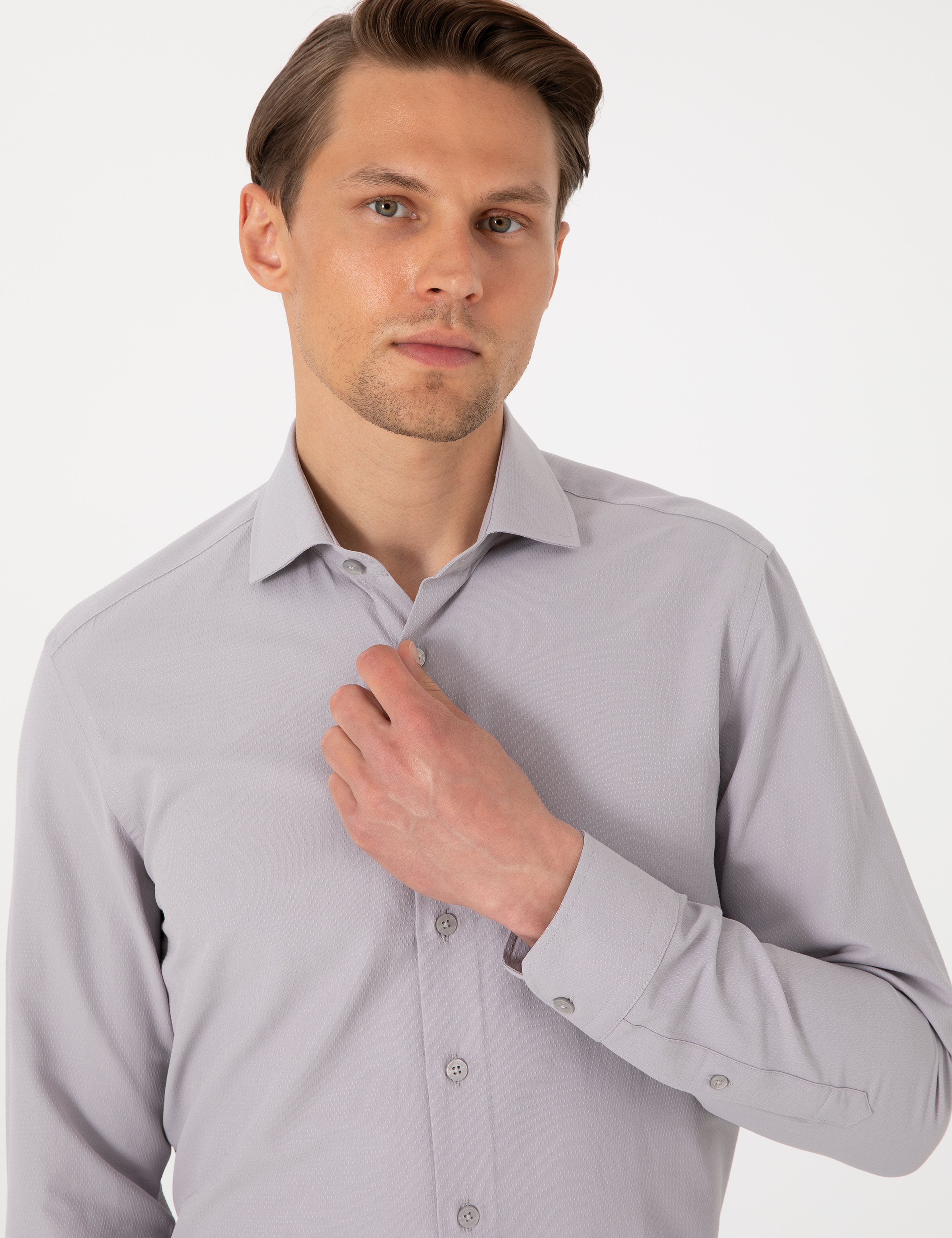 Gri Slim Fit Uzun Kollu Armürlü Gömlek - Image 2