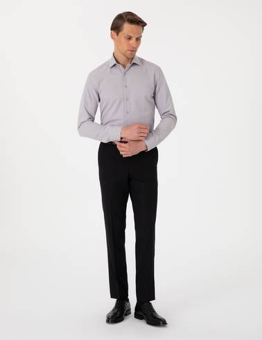 Gri Slim Fit Uzun Kollu Armürlü Gömlek