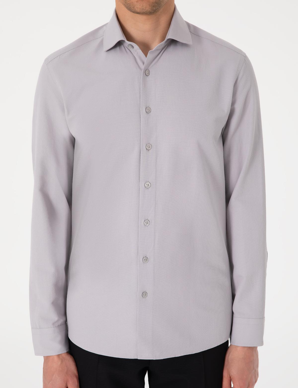 Gri Slim Fit Uzun Kollu Armürlü Gömlek - 50307108028