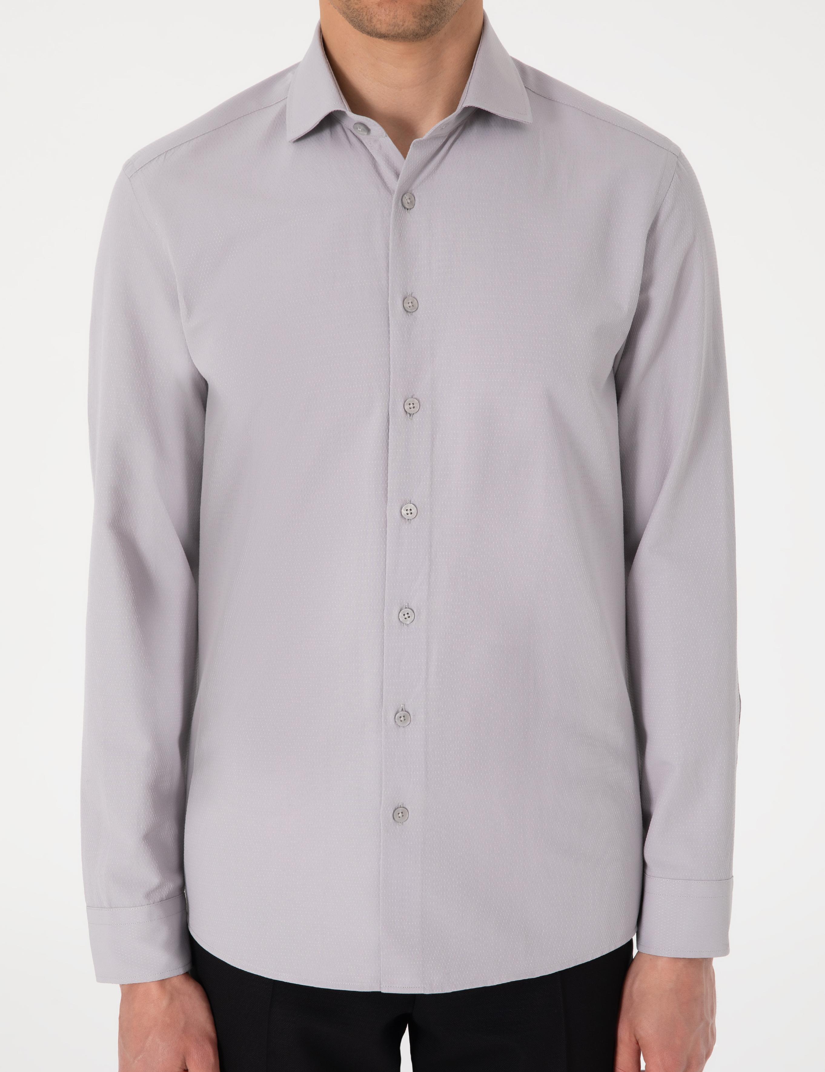 Gri Slim Fit Uzun Kollu Armürlü Gömlek
