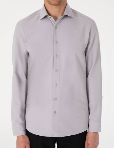 Gri Slim Fit Uzun Kollu Armürlü Gömlek