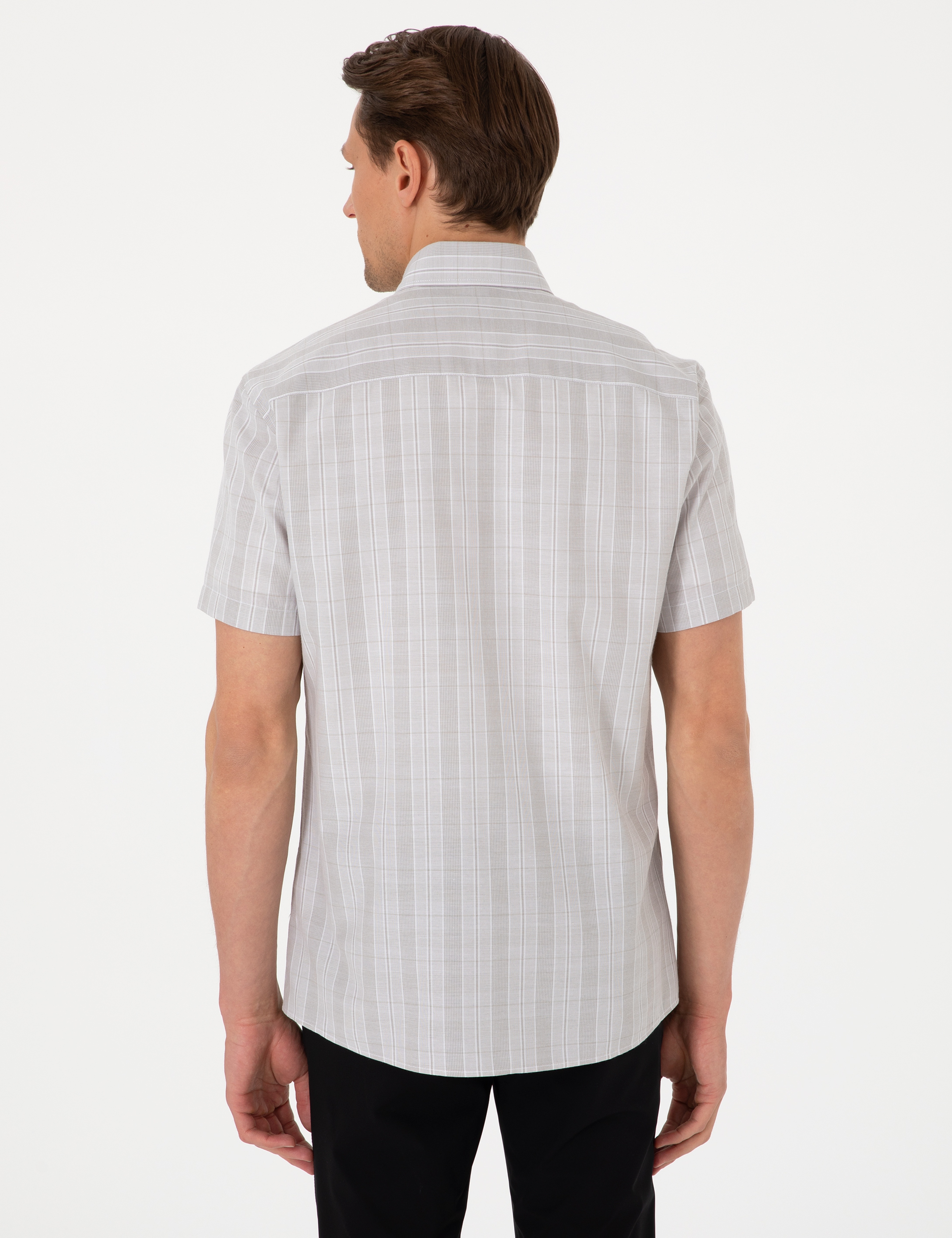 Bej Regular Fit Kareli Kısa Kollu Gömlek - Image 5