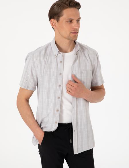 Bej Regular Fit Kareli Kısa Kollu Gömlek - 50307083015