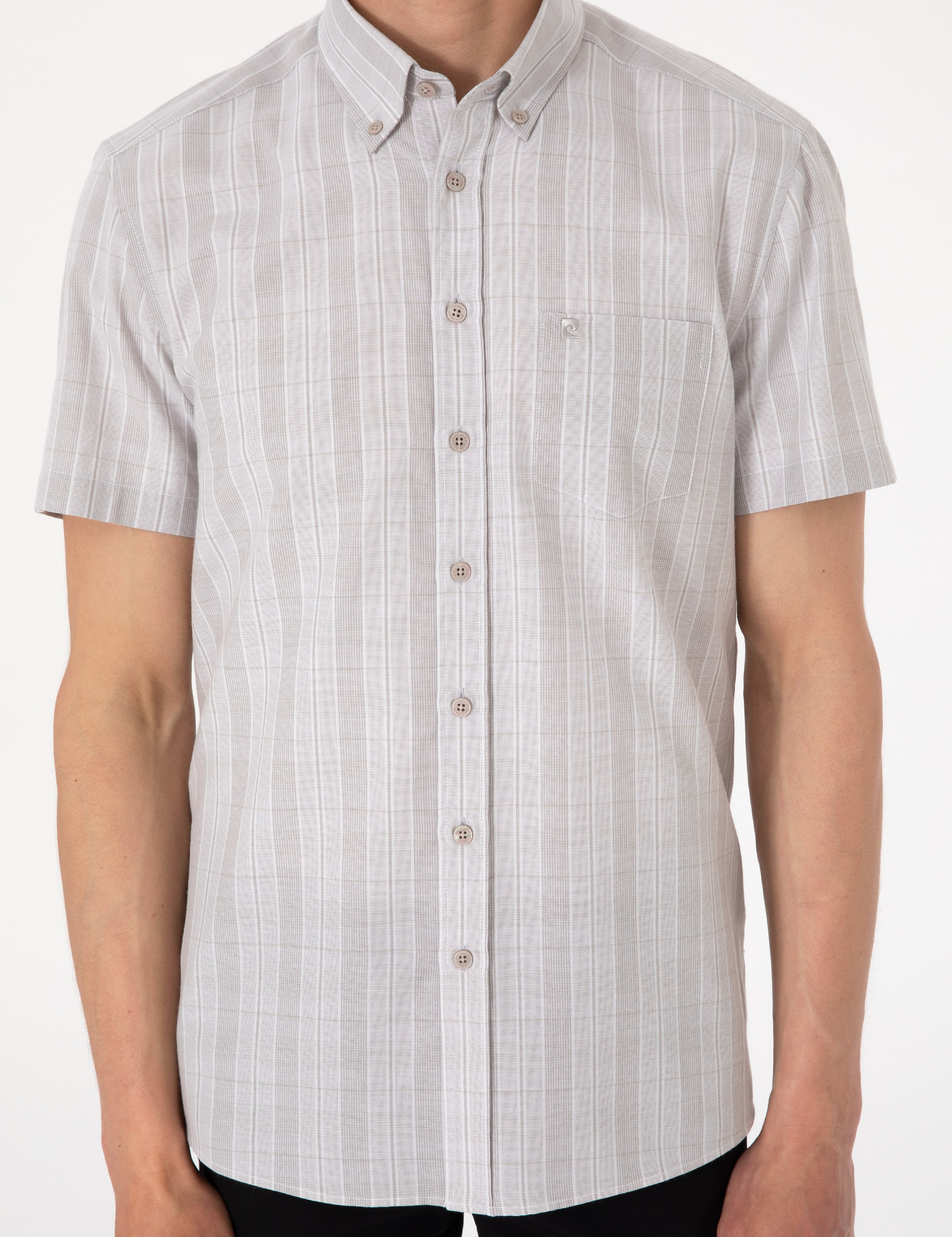Bej Regular Fit Kareli Kısa Kollu Gömlek - Image 6