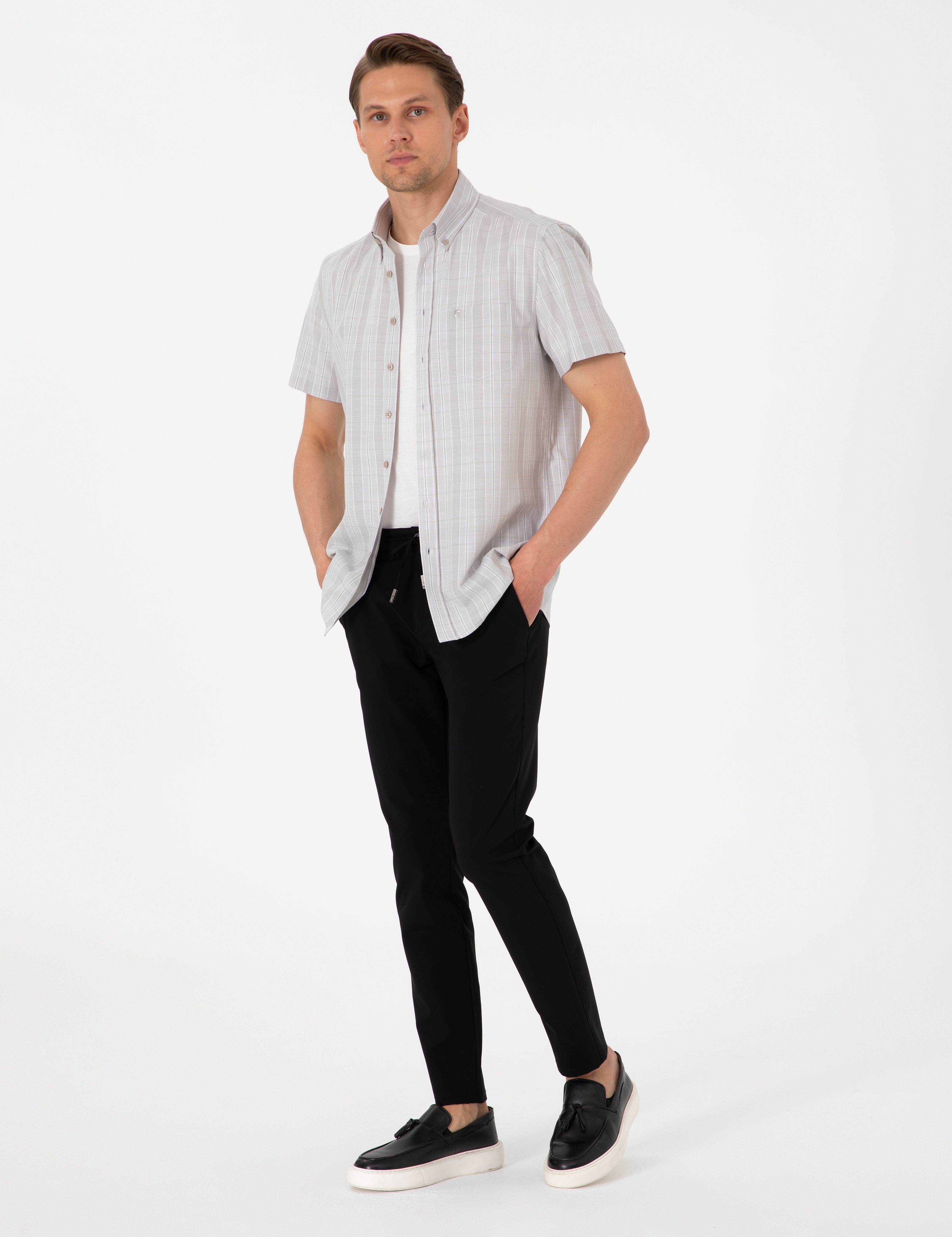Bej Regular Fit Kareli Kısa Kollu Gömlek - Image 4