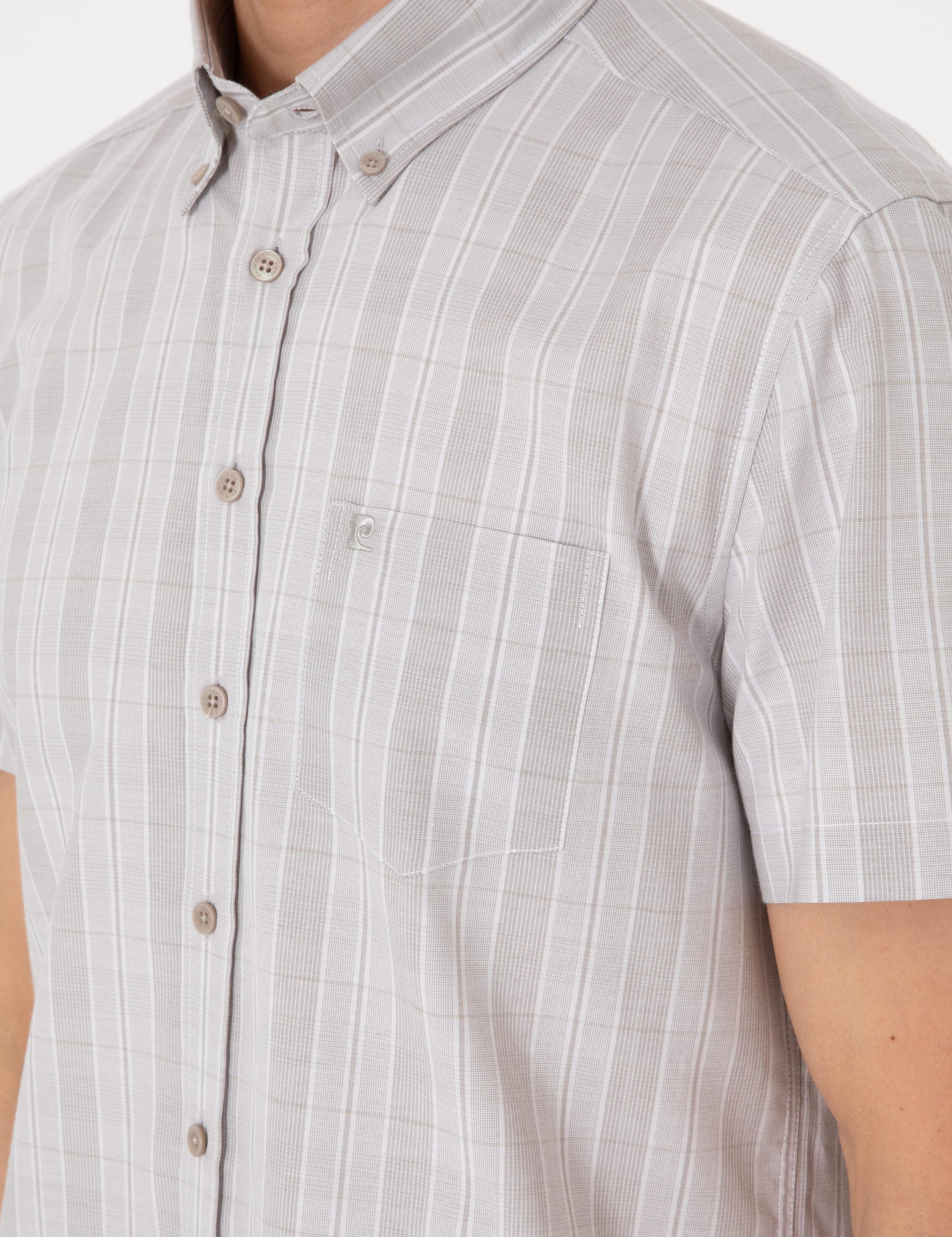 Bej Regular Fit Kareli Kısa Kollu Gömlek