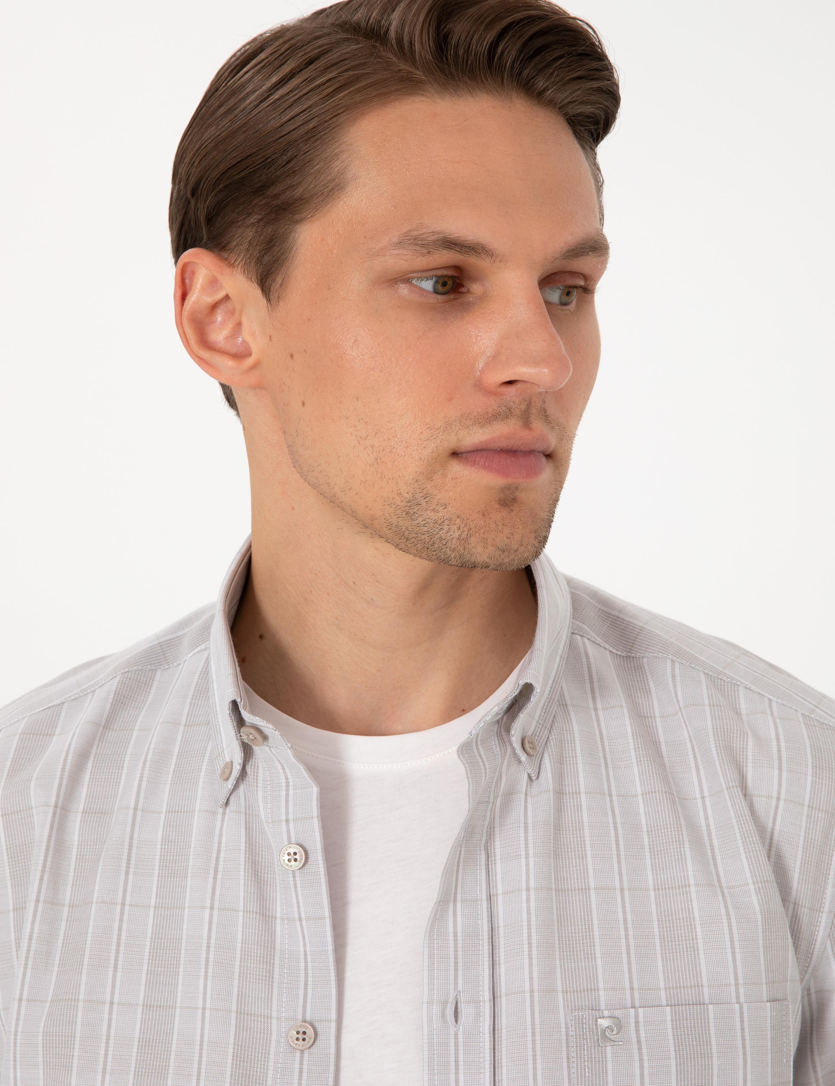 Bej Regular Fit Kareli Kısa Kollu Gömlek