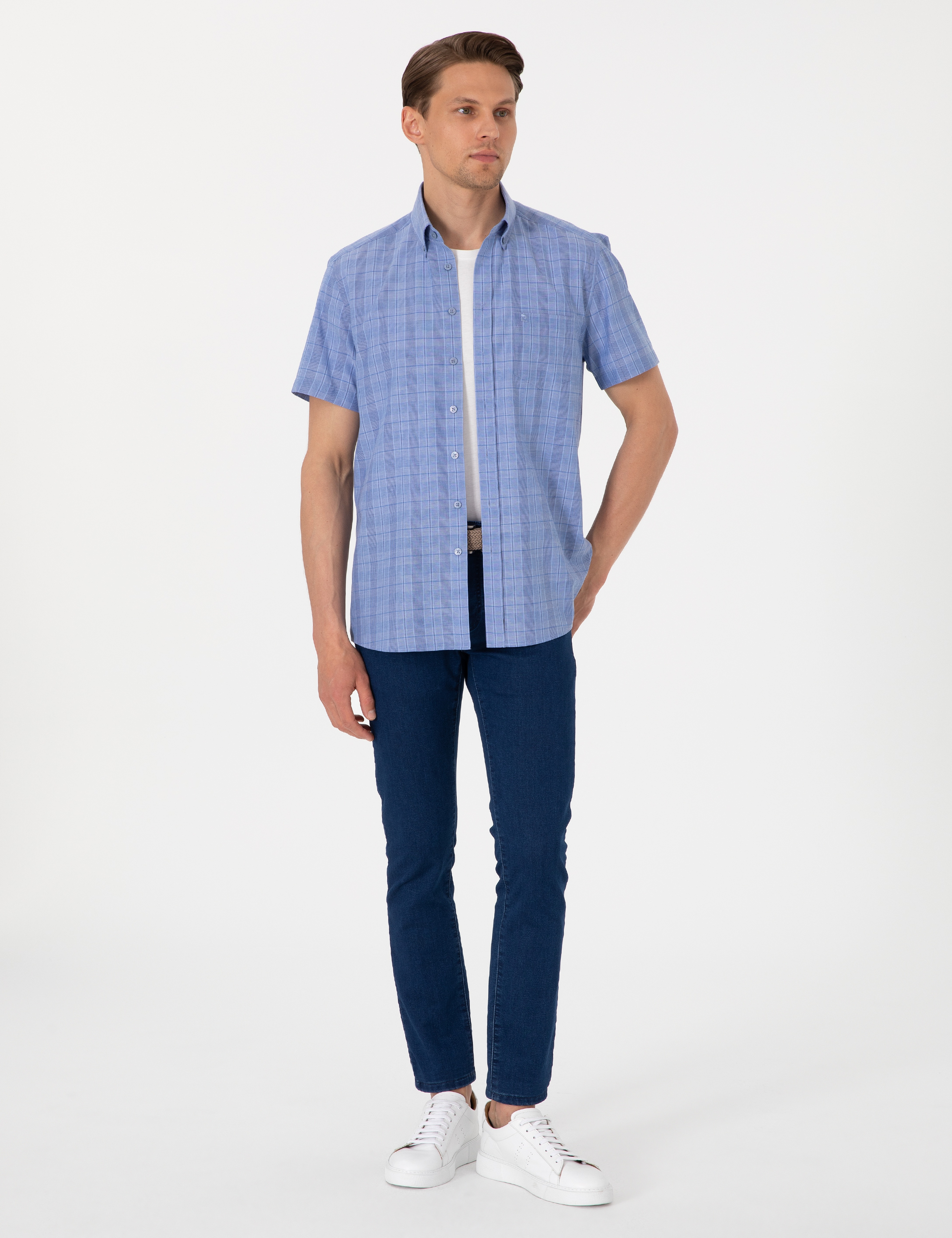 Mavi Regular Fit Kareli Kısa Kollu Gömlek - Image 4