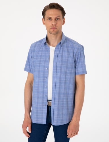 Mavi Regular Fit Kareli Kısa Kollu Gömlek