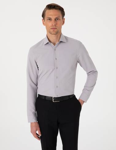 Gri Slim Fit Uzun Kollu Armürlü Gömlek