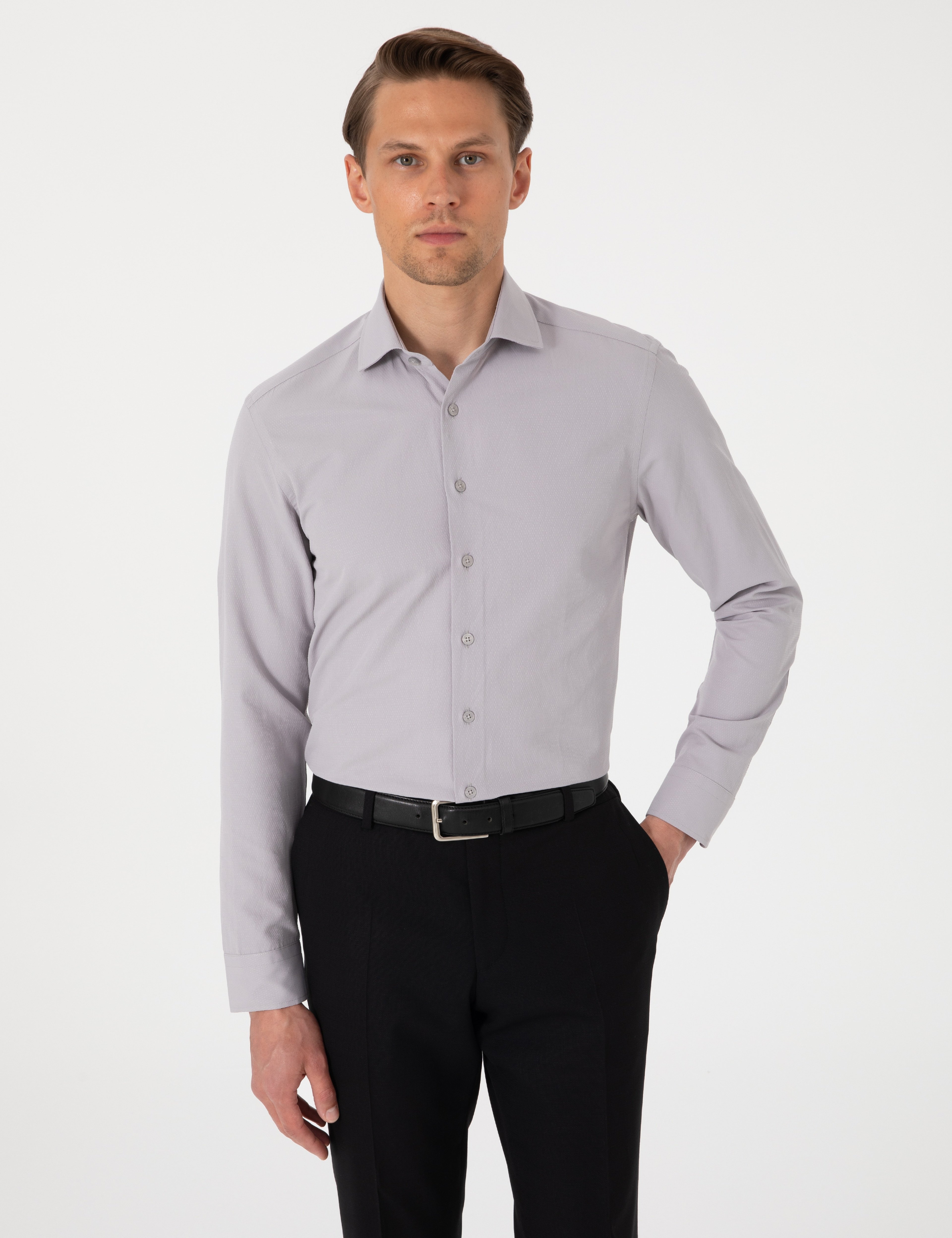 Gri Slim Fit Uzun Kollu Armürlü Gömlek - Image 1