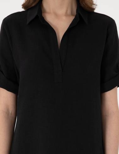 Siyah Regular Fit Keten Kısa Dokuma Elbise