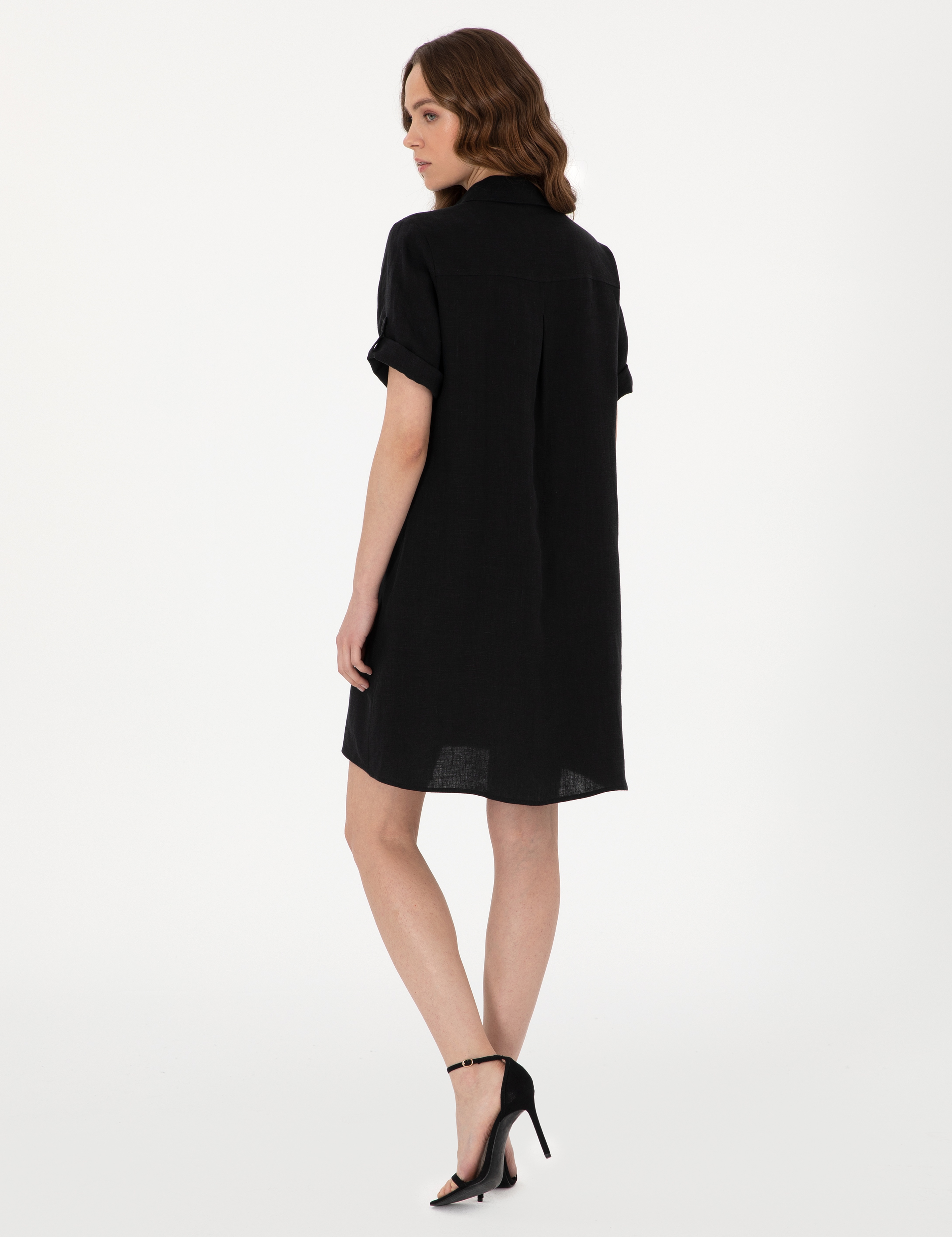 Siyah Regular Fit Keten Kısa Dokuma Elbise - Image 4