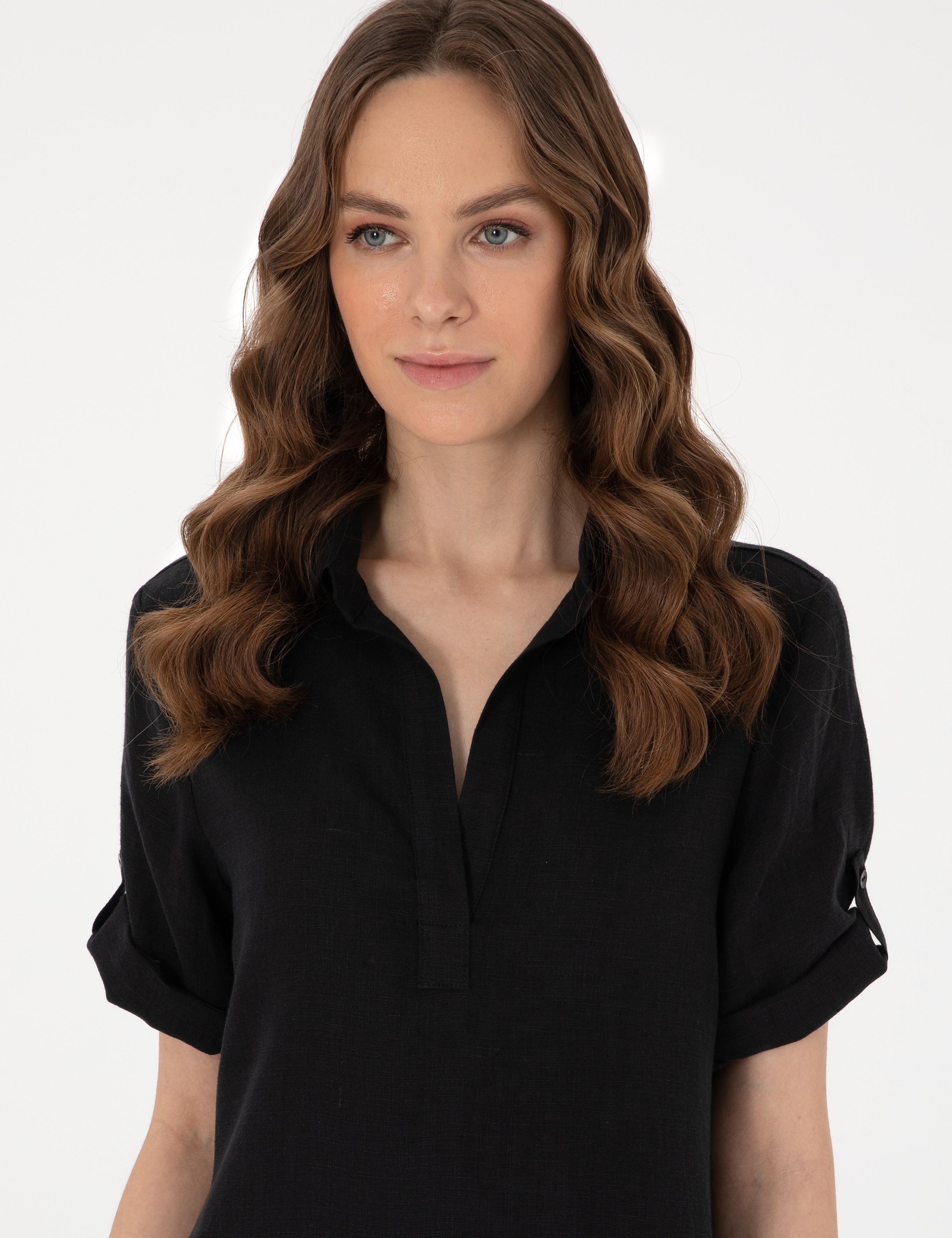 Siyah Regular Fit Keten Kısa Dokuma Elbise