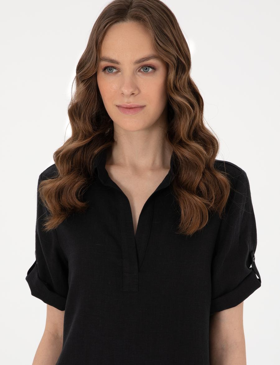 Siyah Regular Fit Keten Kısa Dokuma Elbise