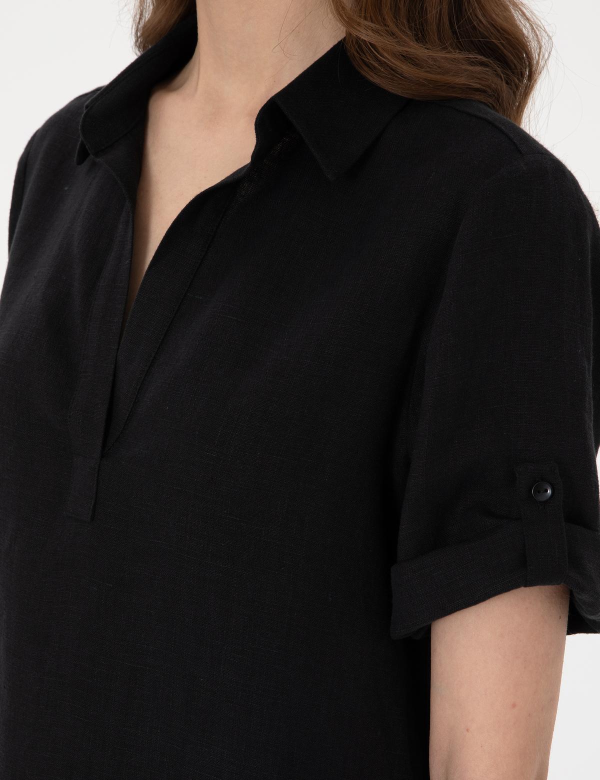 Siyah Regular Fit Keten Kısa Dokuma Elbise - 50309345009