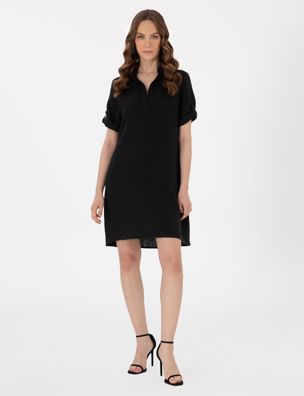 Siyah Regular Fit Keten Kısa Dokuma Elbise