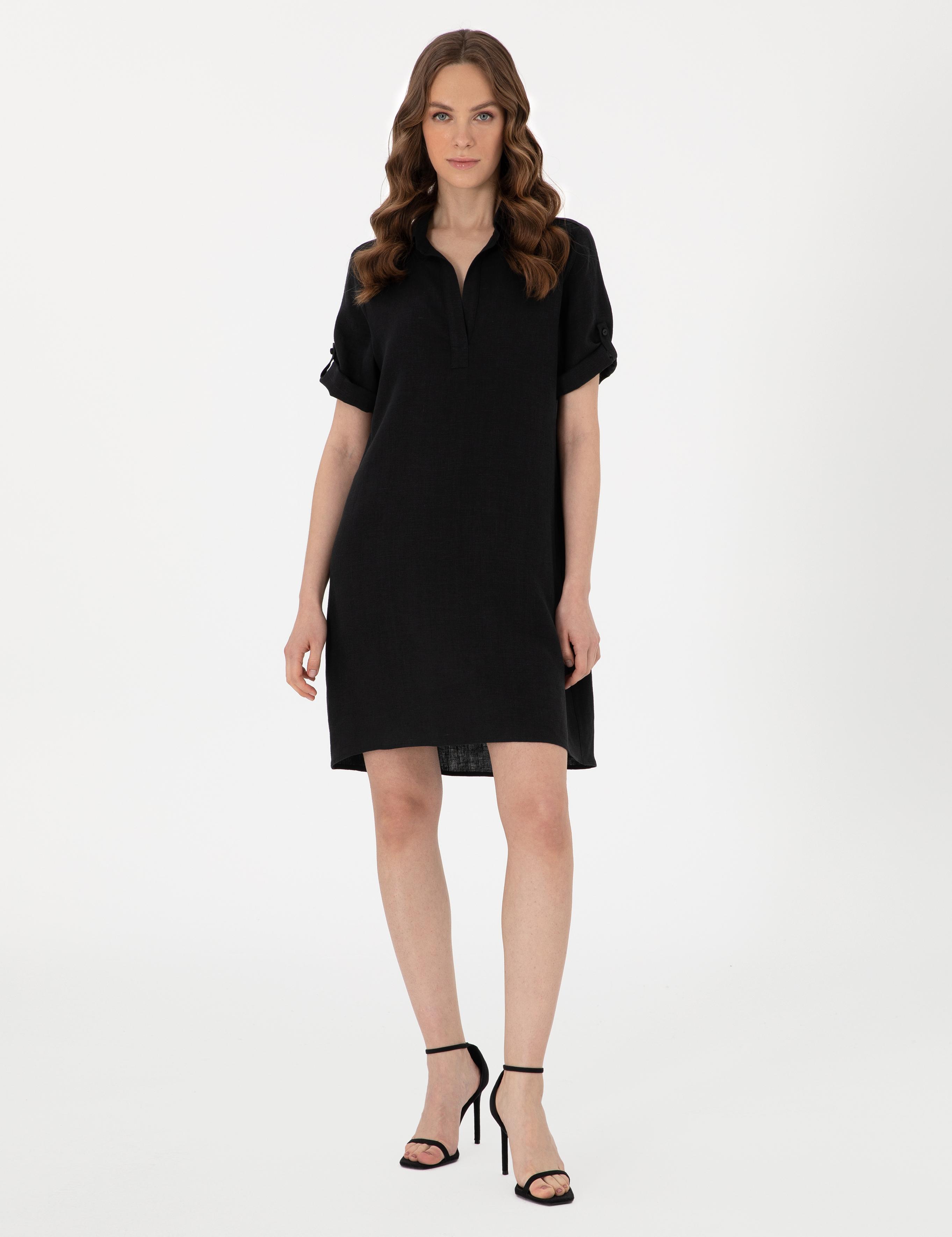 Siyah Regular Fit Keten Kısa Dokuma Elbise