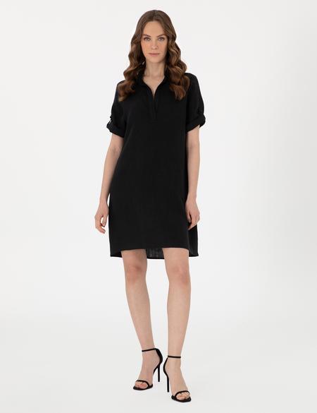 Siyah Regular Fit Keten Kısa Dokuma Elbise - 50309345009