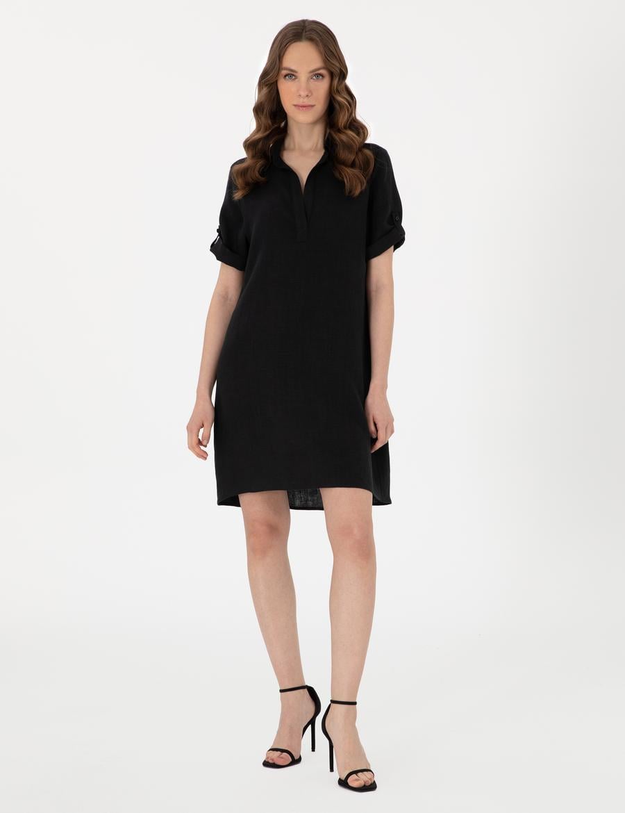 Siyah Regular Fit Keten Kısa Dokuma Elbise