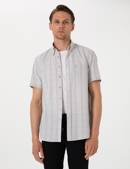 Bej Regular Fit Kareli Kısa Kollu Gömlek - 50307083015