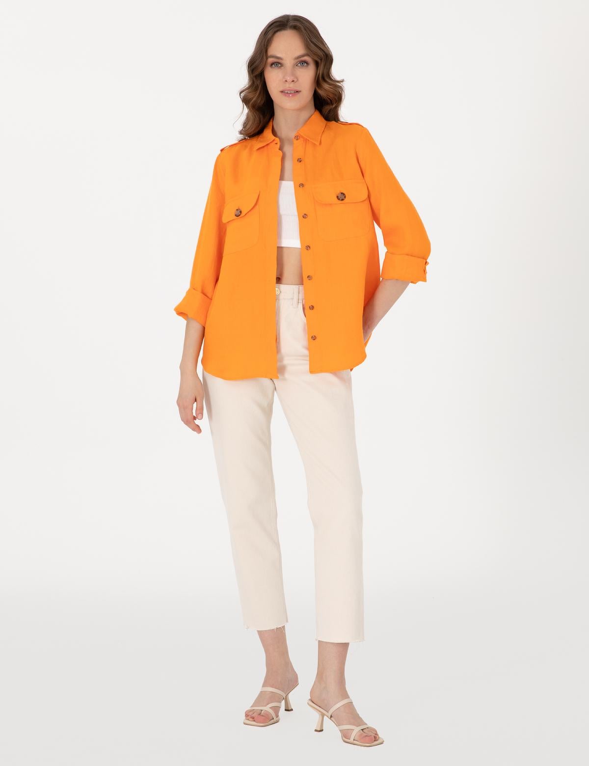 Turuncu Comfort Fit Uzun Kollu Keten Gömlek - 50301079001