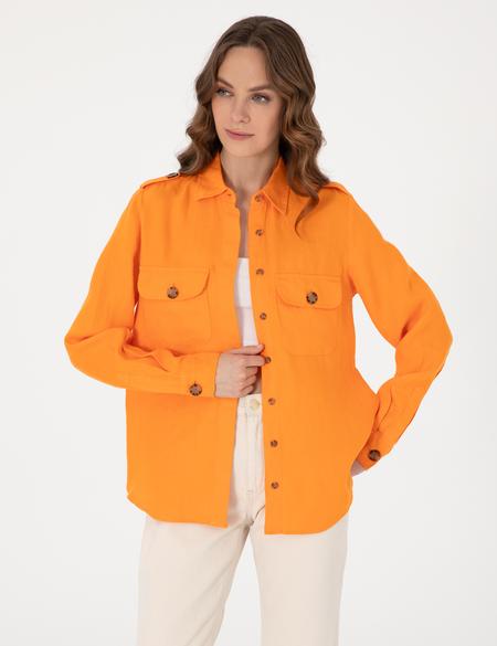 Turuncu Comfort Fit Uzun Kollu Keten Gömlek - 50301079001