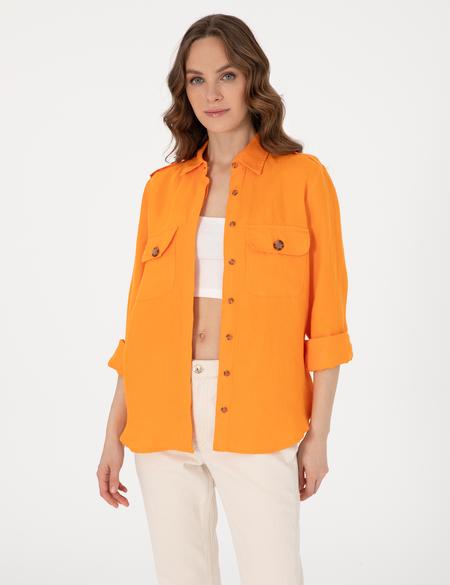 Turuncu Comfort Fit Uzun Kollu Keten Gömlek - 50301079001